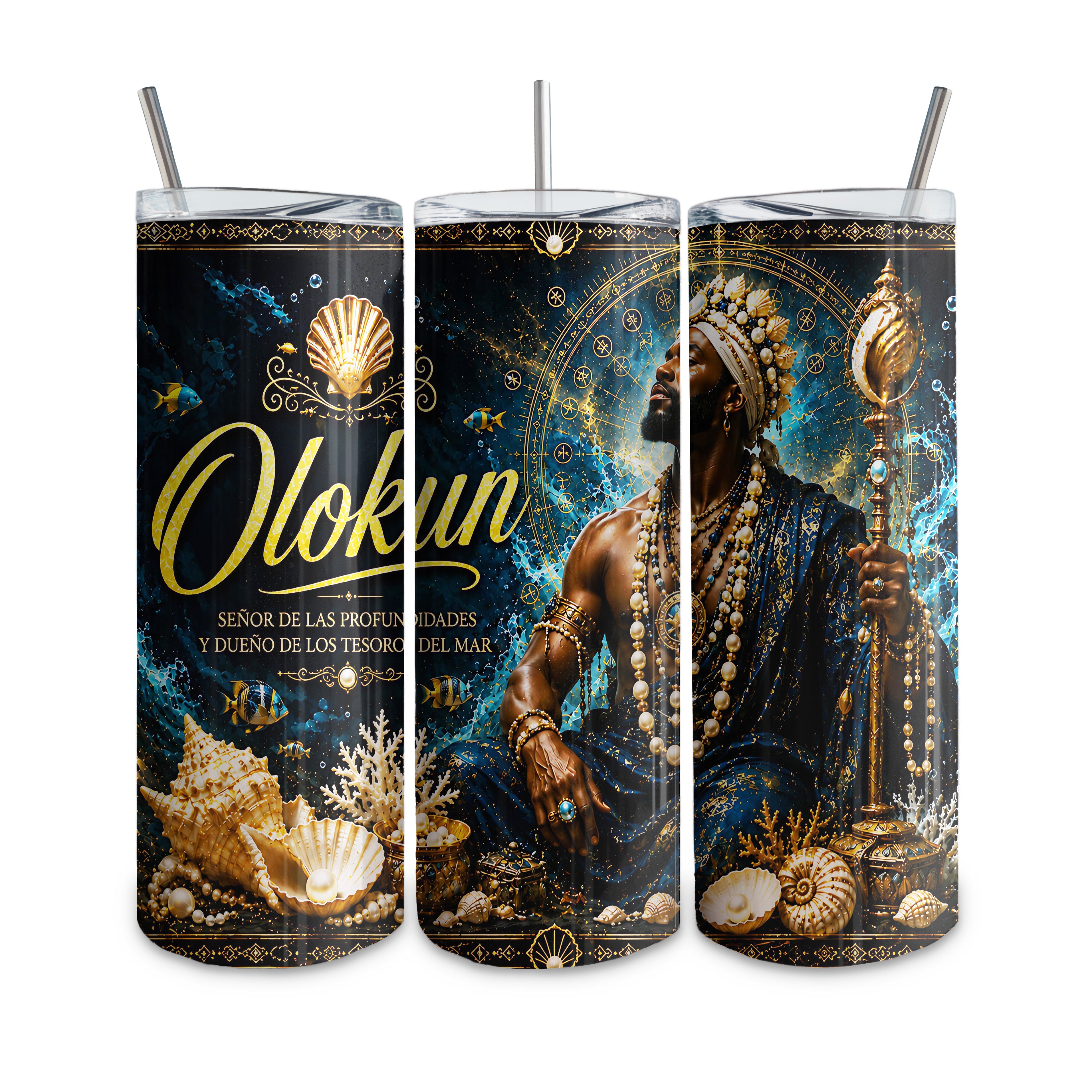 Tumbler de 20 oz termico tipo vaso recto, con diseño personalizado. Religion Yoruba