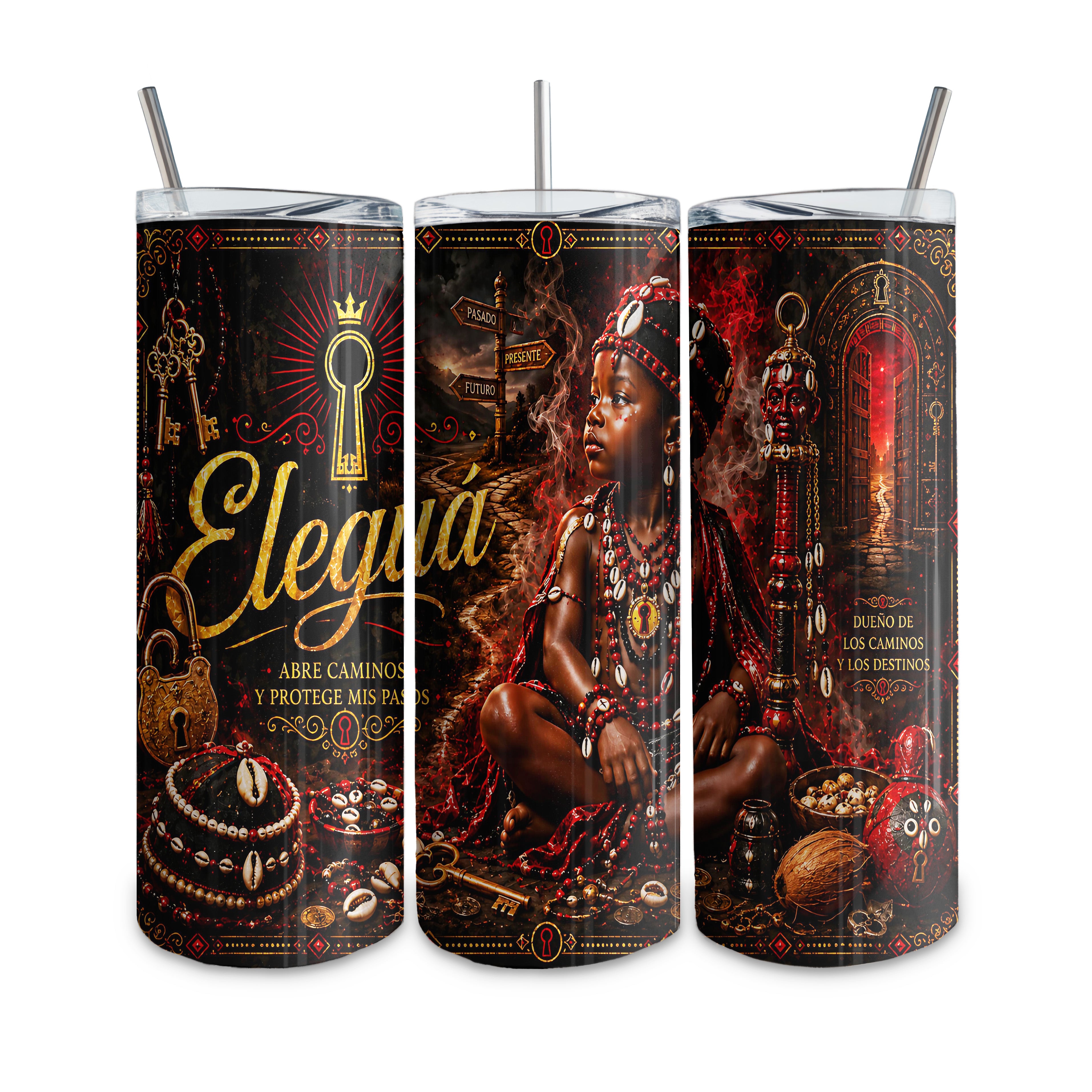 Tumbler de 20 oz termico tipo vaso recto, con diseño personalizado. Religion Yoruba