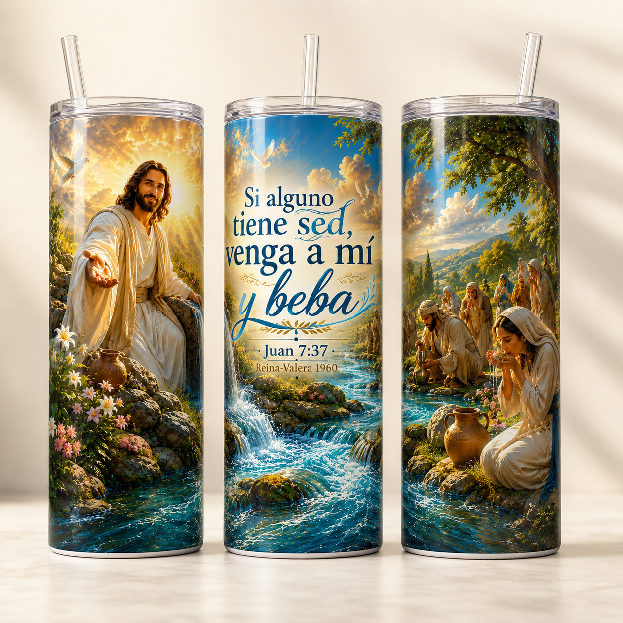 Tumbler de 20 onzas de acero inoxidable tipo vaso recto con diseño bíblico juan 7:37