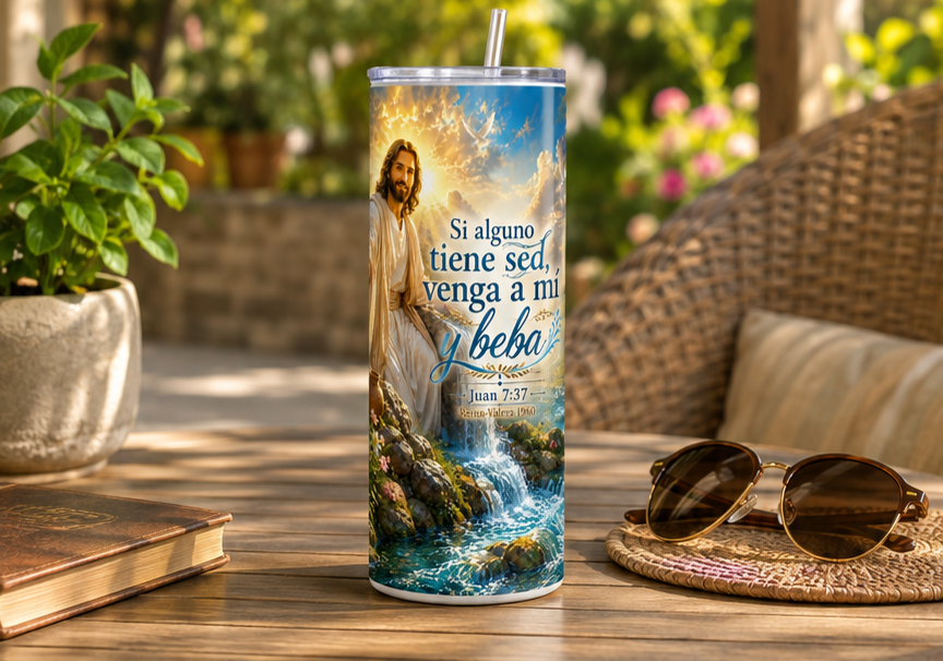 Tumbler de 20 onzas de acero inoxidable tipo vaso recto con diseño bíblico juan 7:37