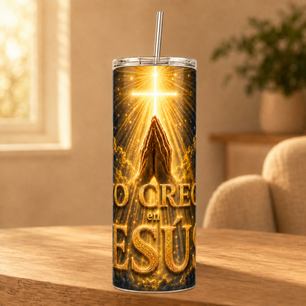 20 oz Straight Stainless Steel Tumbler with Leakproof Lid and Metal Straw