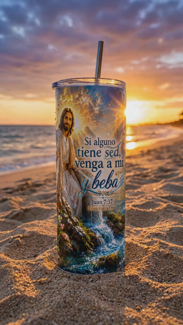 Tumbler de 20 onzas de acero inoxidable tipo vaso recto con diseño bíblico juan 7:37