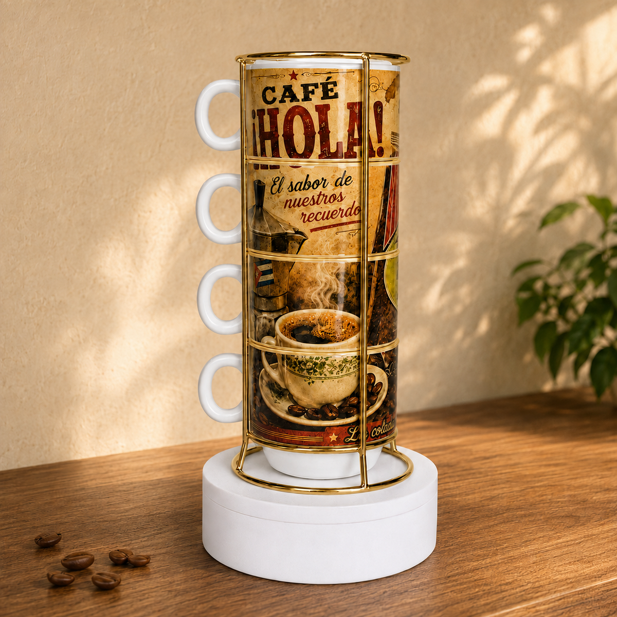 Cafe Hola Set of 4 Stackable 6 oz Espresso Cups with Gold-Tone Stand – Cuban Coffee Design