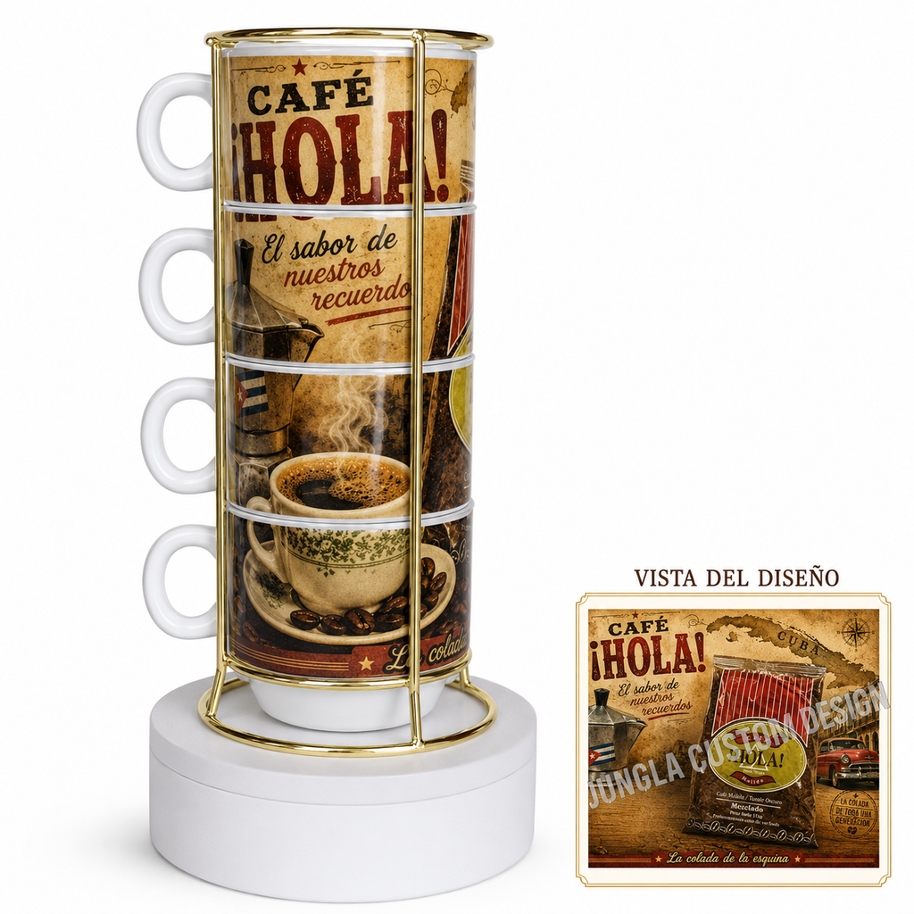 Cafe Hola Set of 4 Stackable 6 oz Espresso Cups with Gold-Tone Stand – Cuban Coffee Design