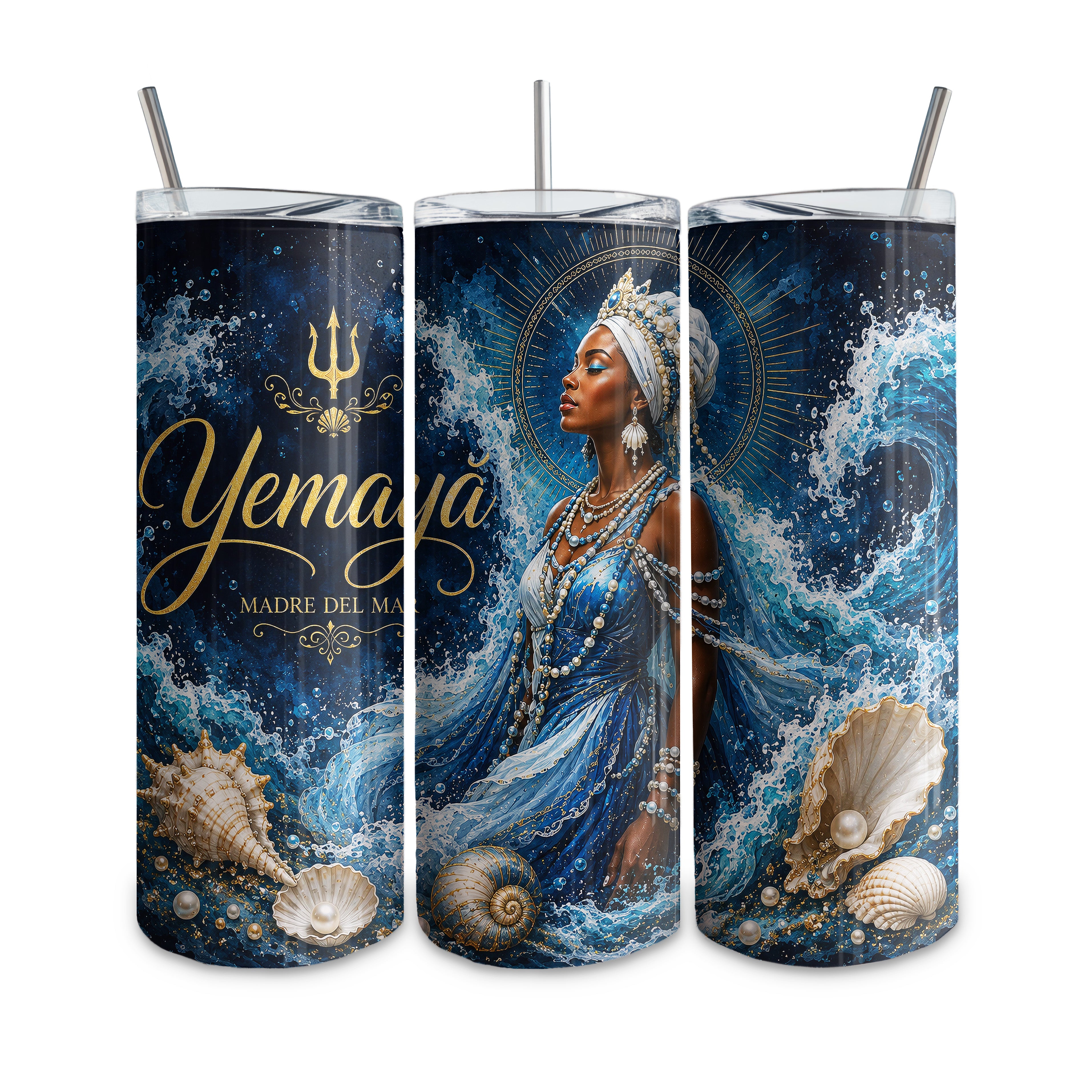 Tumbler de 20 oz termico tipo vaso recto, con diseño personalizado. Religion Yoruba